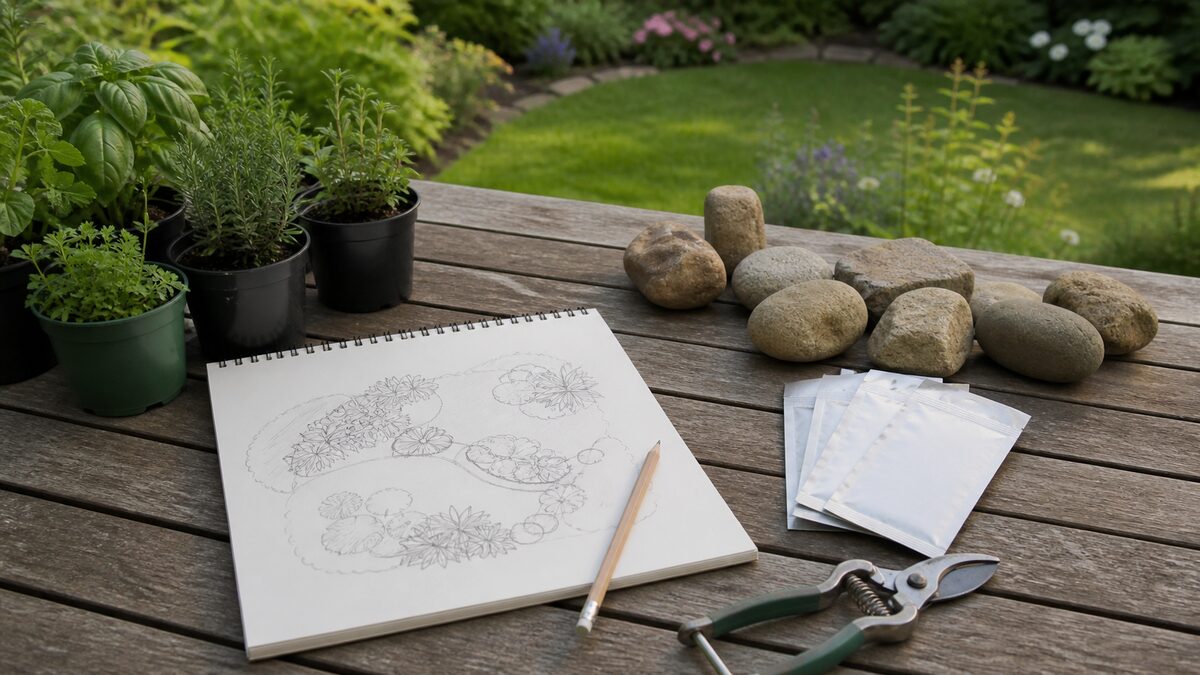 Plan simple de jardin avec plantes et outils