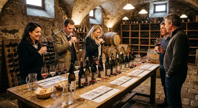 dégustation de vin dans une cave avec verres et bouteilles alignées
