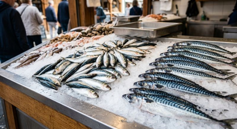 étal de poissonnerie avec sardines et maquereaux disposés sur la glace
