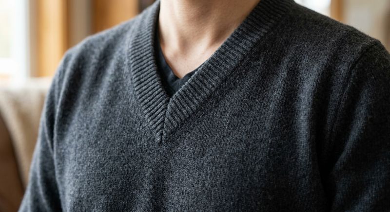 gros plan sur l'encolure en V d'un pull en laine fine