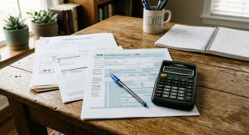 calculatrice et déclaration d'impôts sur table en bois