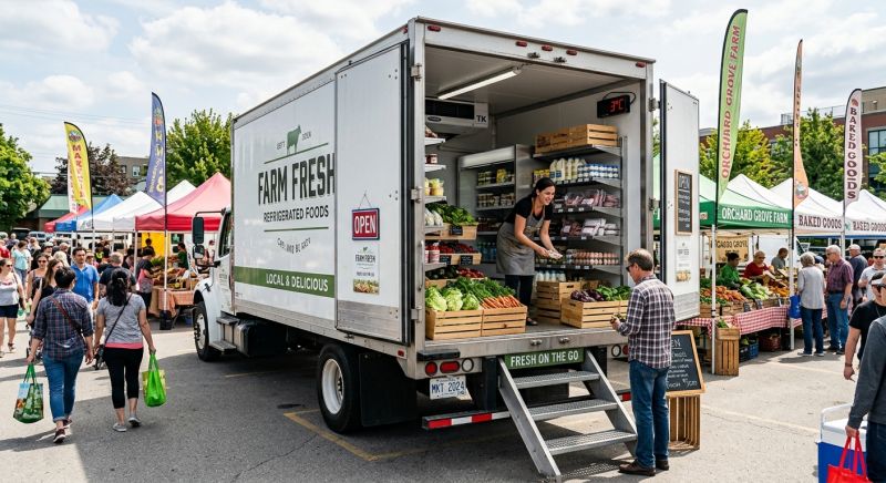 remorque magasin réfrigérée ouverte sur un marché de plein air