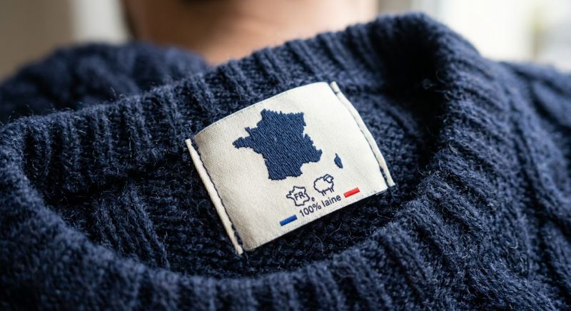 étiquette fabriqué en France cousue sur un pull en laine