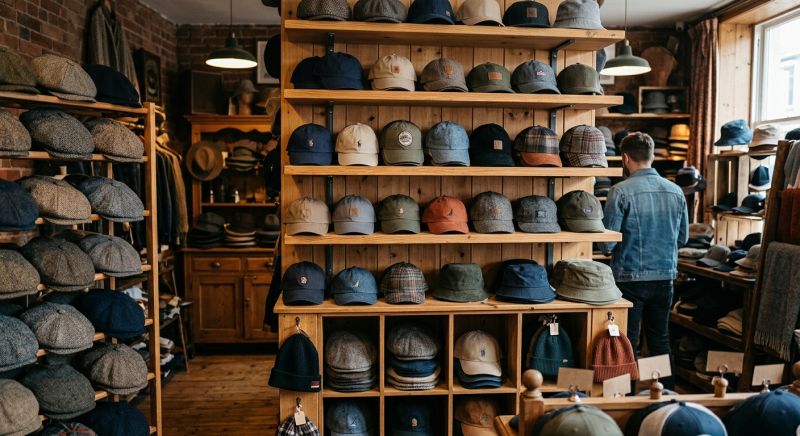 présentoir de casquettes pour homme dans une boutique de chapellerie