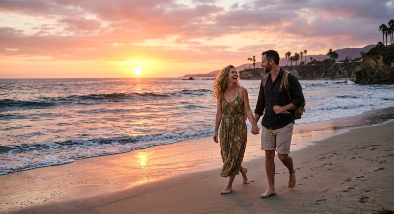 couple voyageurs plage coucher de soleil