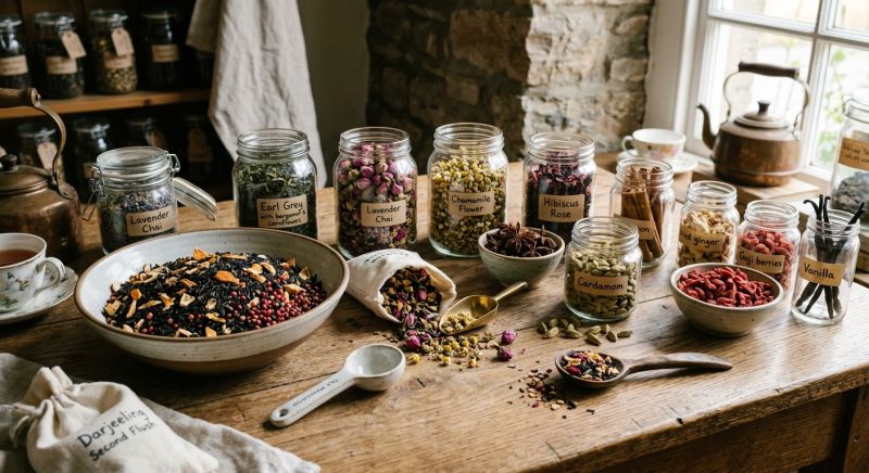 feuilles de thé en vrac et ingrédients gastronomiques
