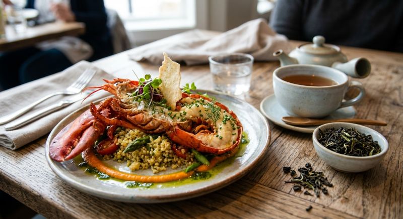 feuilles de thé et assiette de homard finement dressée