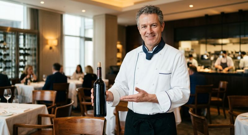 chef en cuisine gastronomique présentant une bouteille de vin de la maison