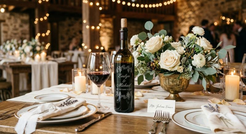 décoration de mariage élégante avec vin gravé