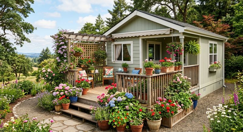 mobil-home terrasse fleurie