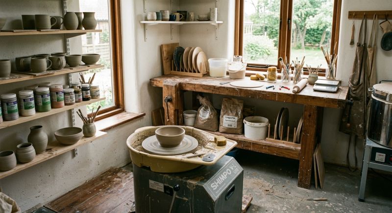 tour de potier et matériel dans un atelier domestique