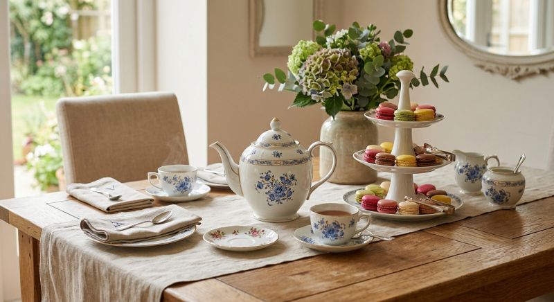 théière en porcelaine et macarons sur une table dressée