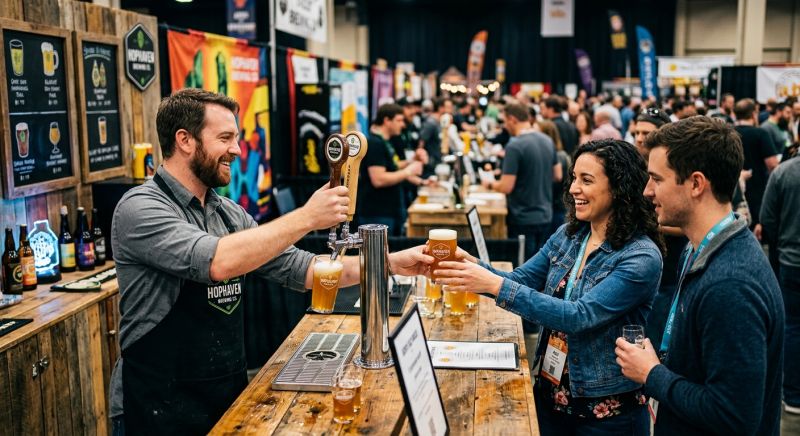 exposant servant une bière artisanale à des visiteurs sur un salon professionnel