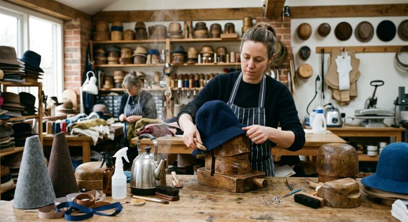 atelier de modiste avec formes en bois et feutres en cours de façonnage