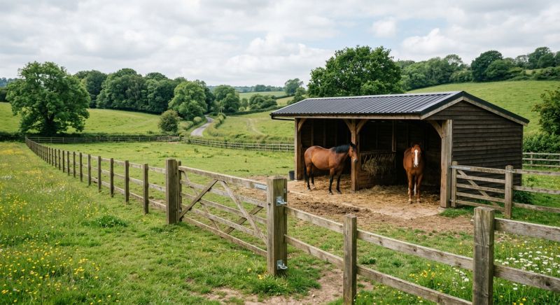 abri de pré et clôture pour chevaux
