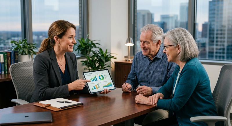 conseiller en gestion de patrimoine expliquant un plan de retraite sur tablette