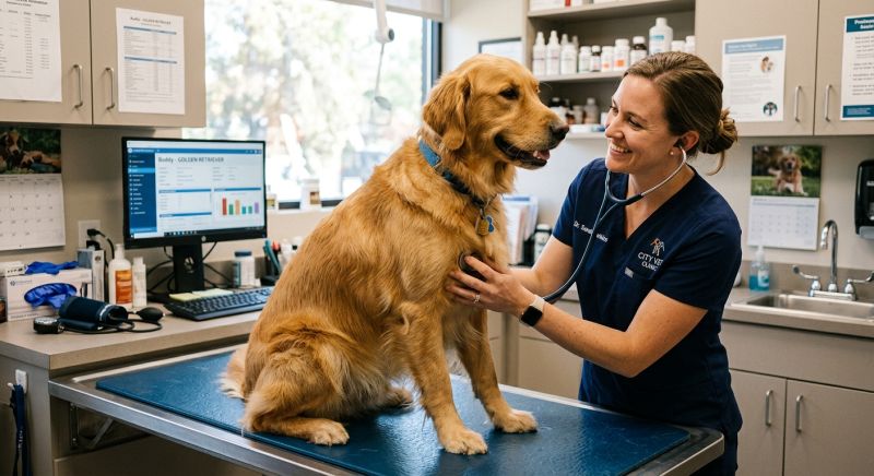 vétérinaire examinant un chien