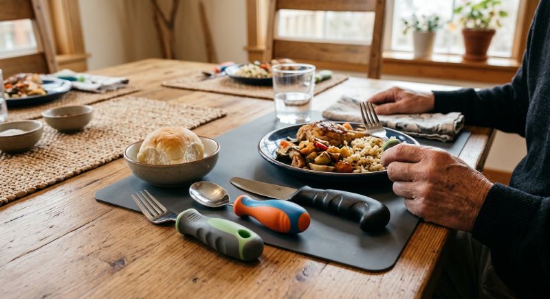 ustensiles ergonomiques adaptés sur une table