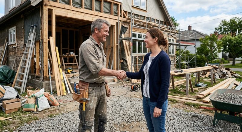 poignée de main entre un artisan et un client devant une maison en travaux