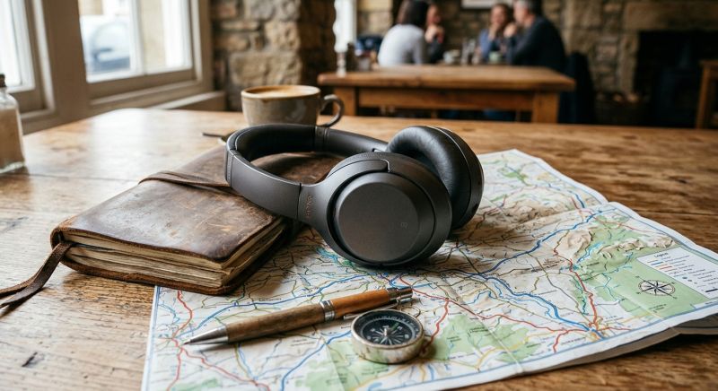 casque audio posé sur un carnet de voyage et une carte routière
