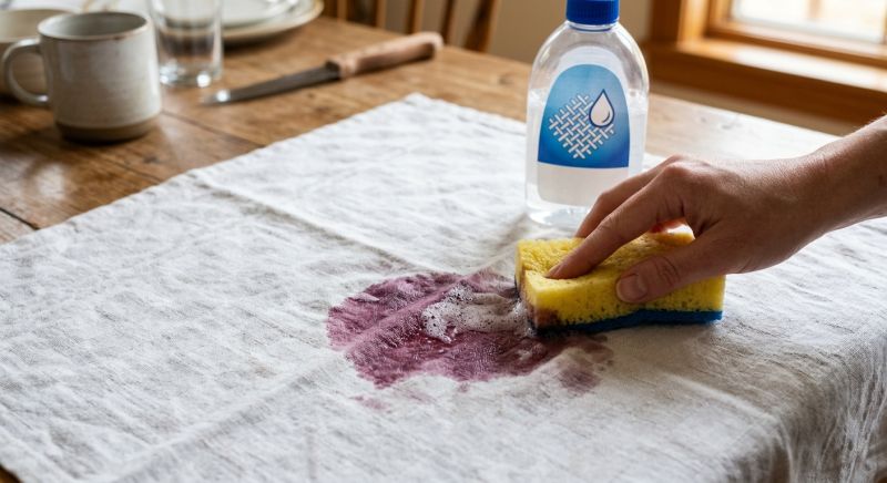 produit détachant appliqué sur une nappe tachée avec une éponge