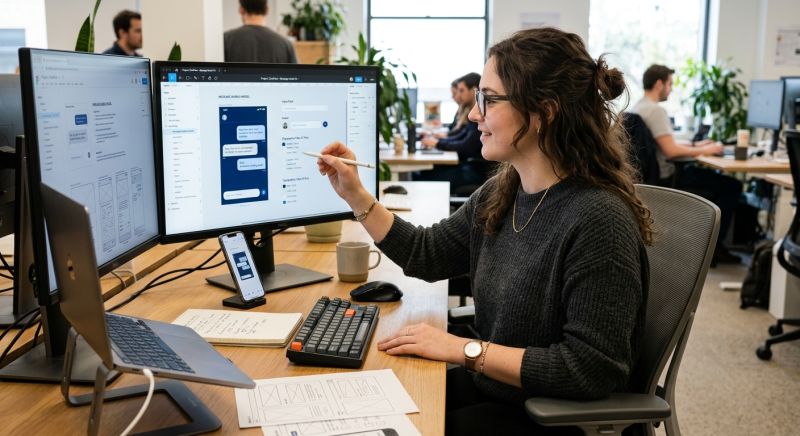 designer travaillant sur un modèle de message mobile