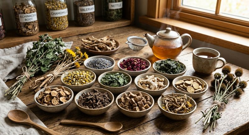 plantes et racines séchées pour tisane bien-être