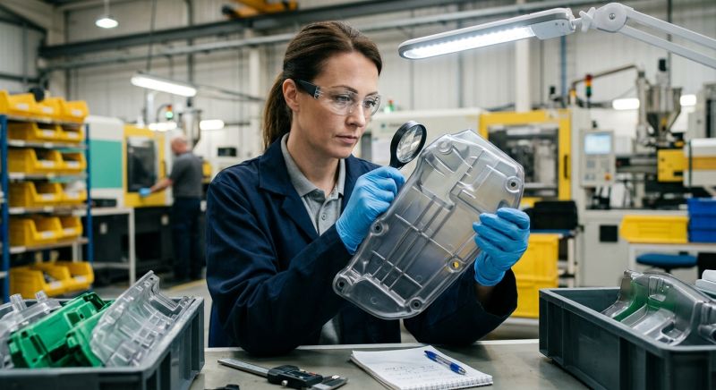 ouvrier contrôlant une pièce plastique