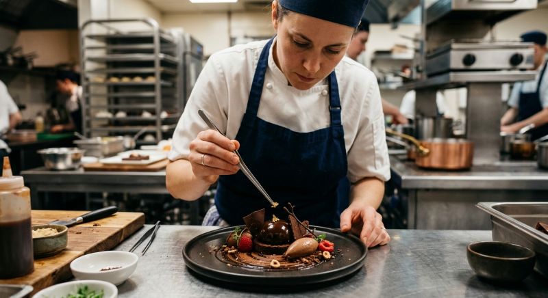 chef pâtissier dressant un dessert au chocolat à la pince