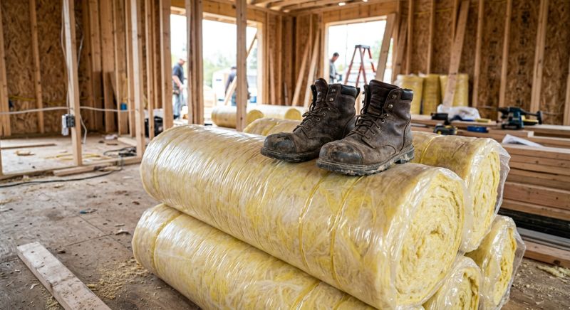chaussures de sécurité de chantier posées sur des rouleaux de laine de verre