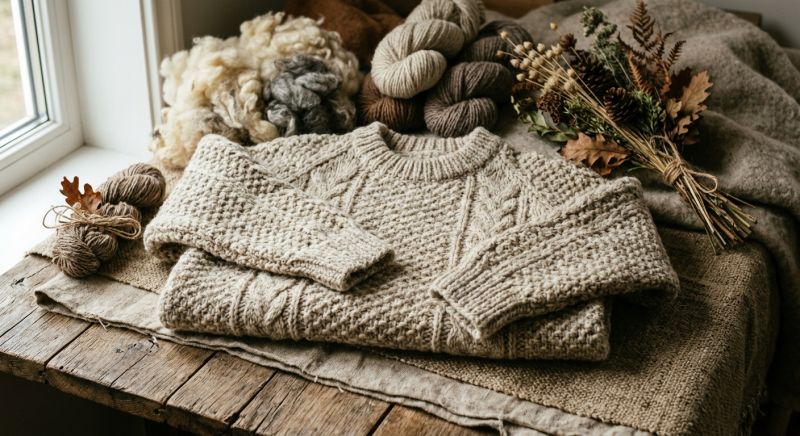 pull en laine écologique sur fond de matières naturelles