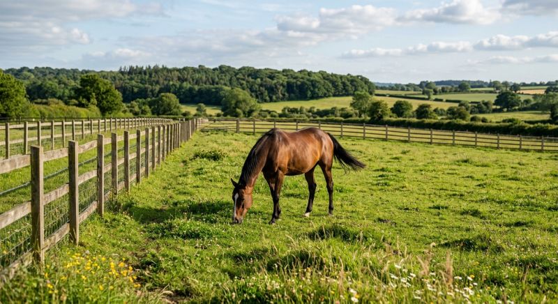 cheval broutant dans un pré clôturé