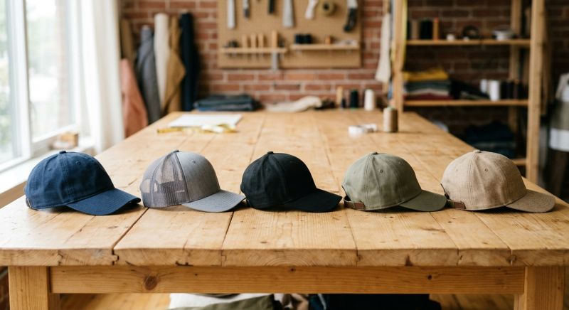 plusieurs modèles de casquettes alignés sur une table en bois clair
