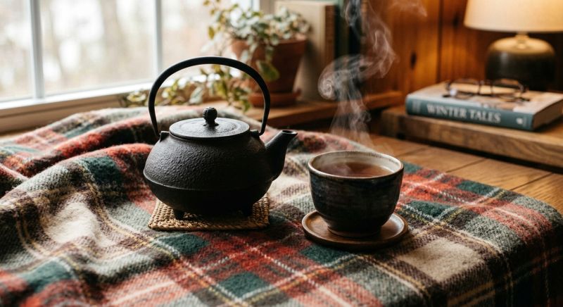théière en fonte et tasse fumante sur un plaid douillet