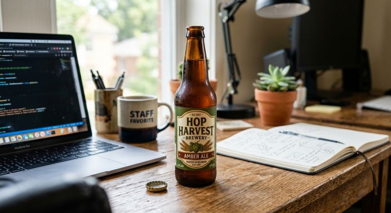 bouteille de bière avec étiquette de marque sur bureau