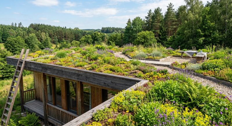 toiture plate bois avec plantes et verdure