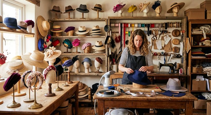 atelier de chapellerie avec couvre-chefs variés exposés