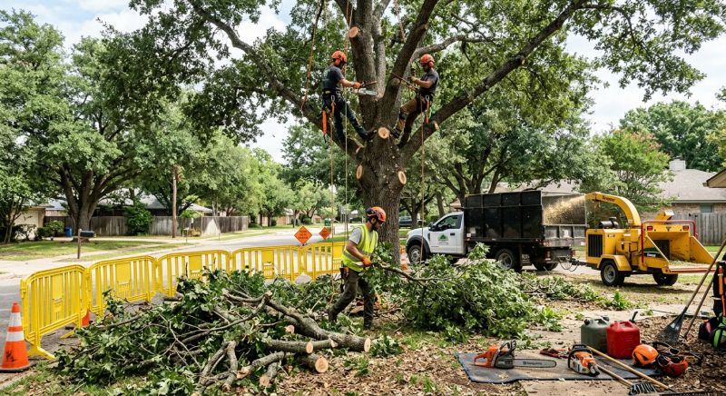 chantier d'élagage avec branches et matériel professionnel