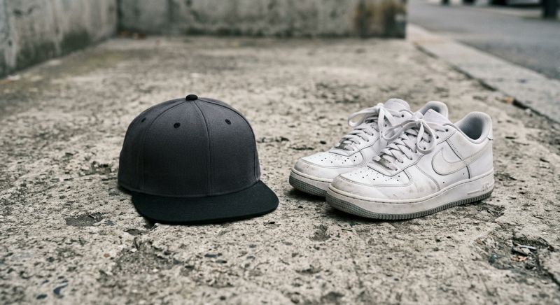 casquette à visière plate posée à côté d'une paire de baskets sur un fond béton
