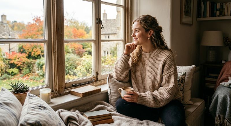 femme portant un pull en laine mérinos beige près d'une fenêtre