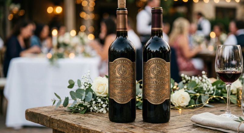 bouteille de vin avec &eacute;tiquette grav&eacute;e pour les mari&eacute;s