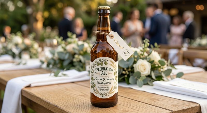 cadeau d'invit&eacute;s bouteille de bi&egrave;re &eacute;tiquette &eacute;l&eacute;gante
