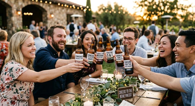 invités trinquant avec des bouteilles de bière personnalisées