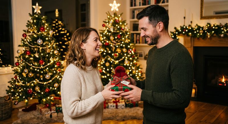 couple échangeant un cadeau de bonnet devant un sapin