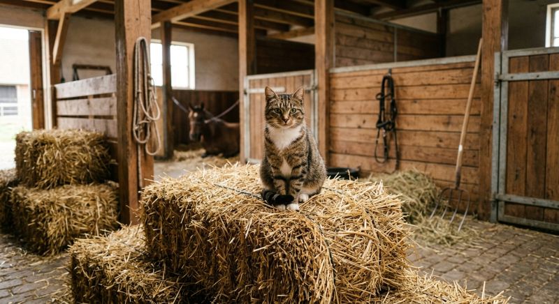 chat assis sur une botte de foin dans une écurie