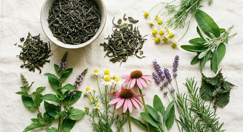 feuilles de thé vert et plantes médicinales sur fond clair