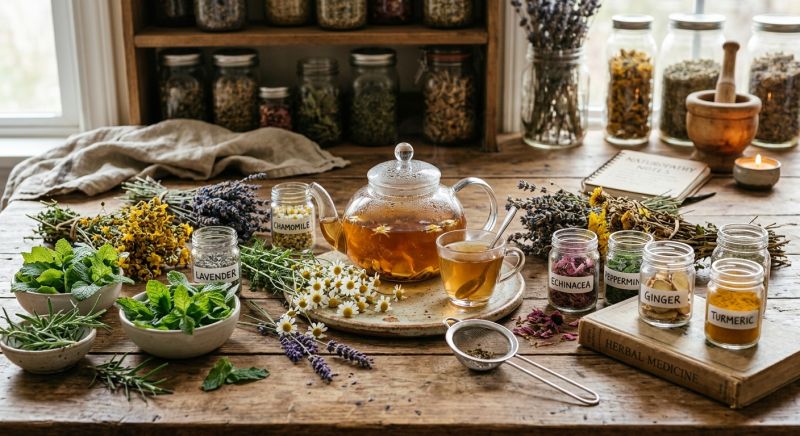 plantes médicinales et thé disposés pour la naturopathie