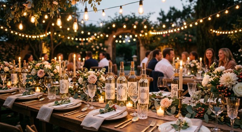 table de célébration élégante avec bouteilles personnalisées et guirlandes lumineuses