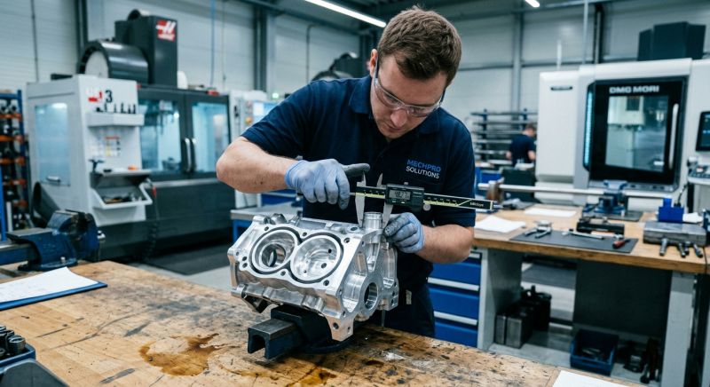 technicien mesurant une pièce en aluminium