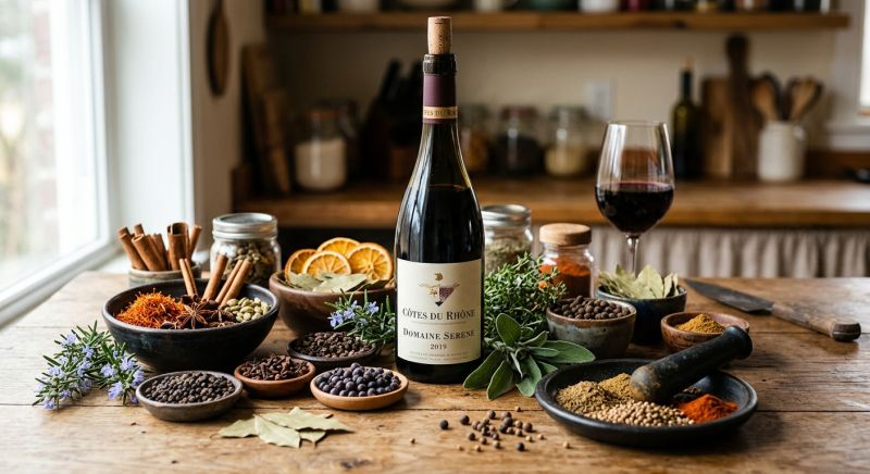 arômes et épices près d'une bouteille de vin